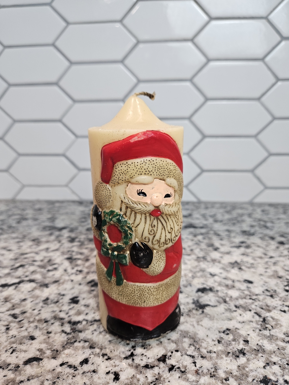 Vintage Santa Pillar Candle - Red and Cream Holiday Decor